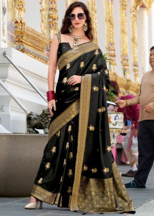 Black Zari Woven Saree In Satin Silk