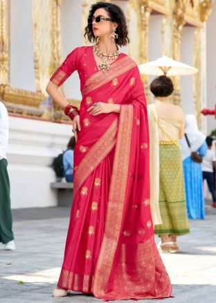 Red Satin Zari Woven Saree