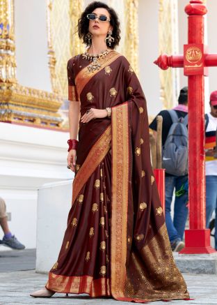 Brown Zari Woven Saree & Blouse