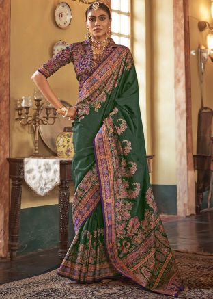 Dark Green Printed Saree In Art Silk