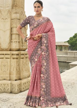 Coral Pink Embroidered Border Silk Saree