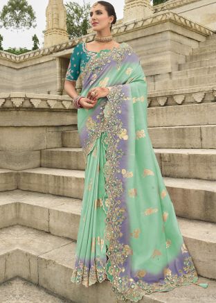 Shaded Turquoise Embroidered Border Saree