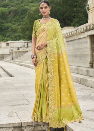 Yellow & Green Embroidered Silk Saree
