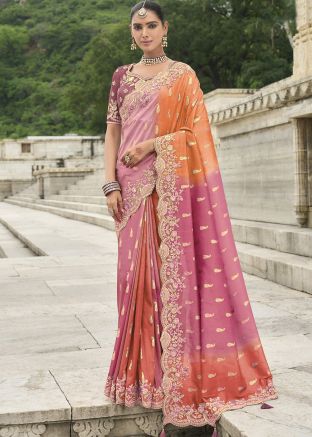 Pink & Orange Woven Silk Saree