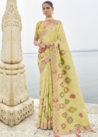 Light Yellow Embroidered Border Saree