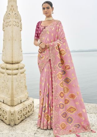 Pink Woven Work Saree In Silk