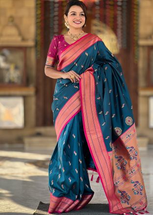Teal Blue Woven Paithani Silk Saree