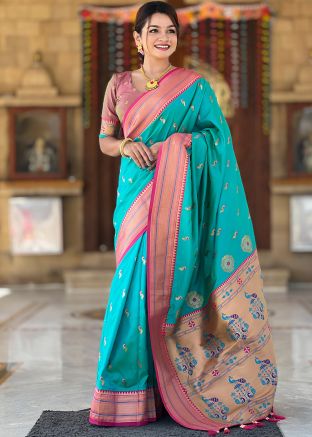 Blue Woven Saree In Paithani Silk