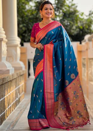 Teal Blue Zari Woven Paithani Saree