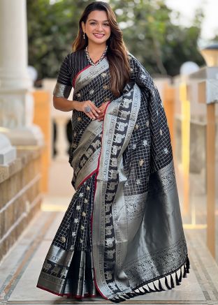 Black Zari Woven Saree In Art Silk