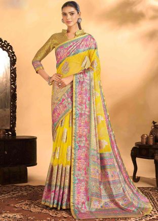 Yellow Brasso Work Saree In Georgette