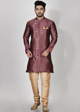 Printed Indo Western Sherwani Set In Purple