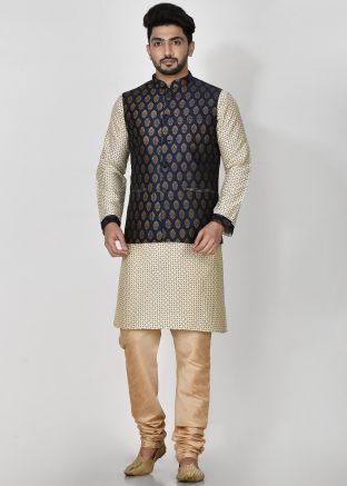 Cream Printed Kurta Pajama With Blue Nehru Jacket