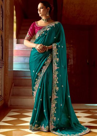 Teal Green Embroidered Saree In Silk