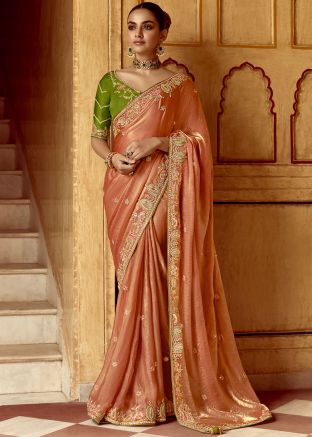Peach Embroidered Saree In Silk
