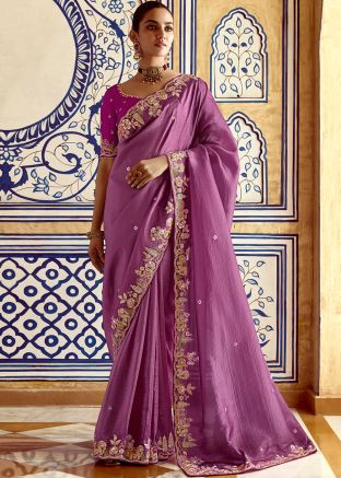 Purple Embroidered Saree In Silk