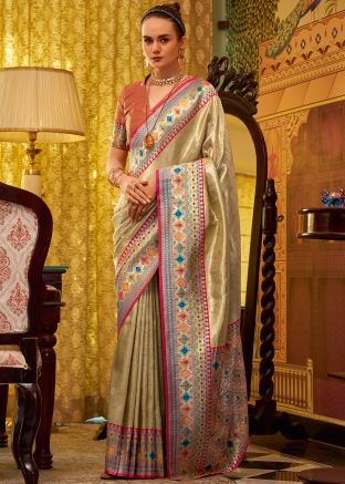 Golden Tissue Silk Saree In Zari Woven Work