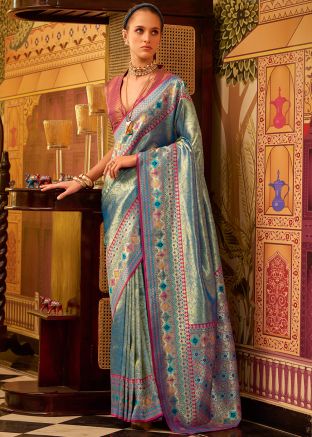 Blue Zari Woven Saree In Tissue Silk