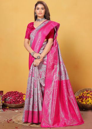 Grey Zari Woven Art Silk Saree