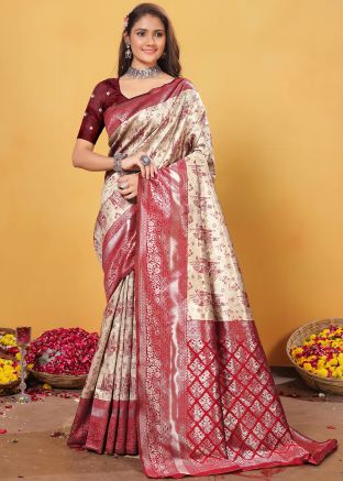 Cream Art Silk Woven Saree & Blouse