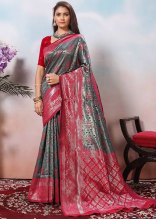 Dark Grey Woven Art Silk Saree