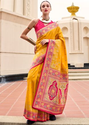Yellow Zari Woven Saree In Art Silk