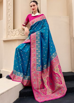 Blue Art Silk Saree In Woven Work