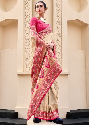 Cream Zari Woven Saree In Art Silk