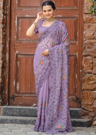 Purple Embroidered Chiffon Saree