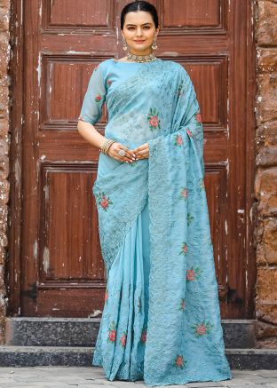Blue Embroidered Chiffon Saree With Blouse