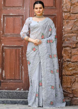 Grey Embroidered Chiffon Saree & Blouse
