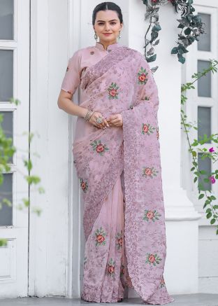 Lavender Thread Embroidered Chiffon Saree