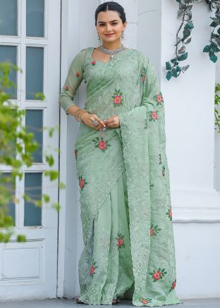 Green Embroidered Saree In Chiffon
