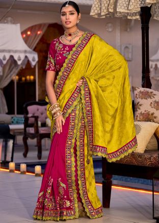 Pink Half N Half Embroidered Silk Saree