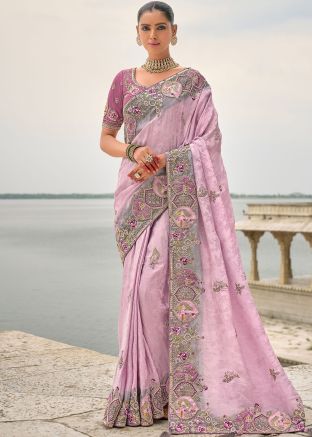Purple Embroidered Saree In Dola Silk