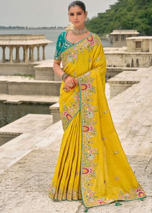 Yellow Embroidered Dola Silk Saree