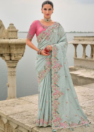 Blue Sequin Work Dola Silk Saree