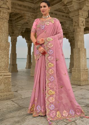 Pink Sequin Work Saree In Dola Silk