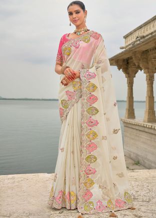 Off White Embroidered Saree In Dola Silk