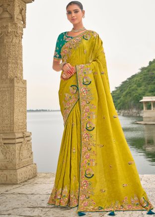 Yellow Embroidered Dola Silk Saree
