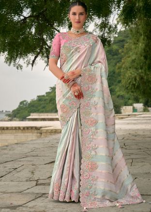 Multicolor Embroidered Saree In Dola Silk