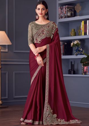 Maroon Embroidered Satin Saree