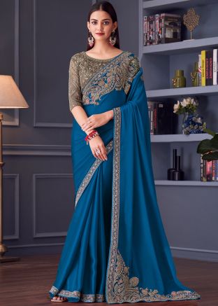 Blue Embroidered Satin Saree & Blouse