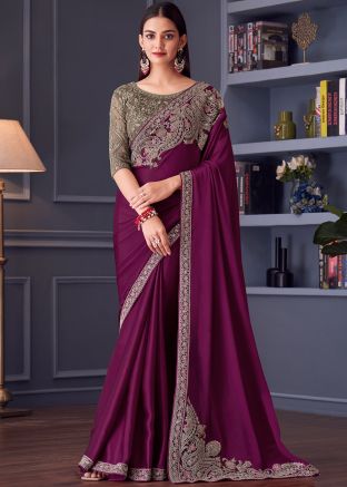 Purple Satin Embroidered Saree
