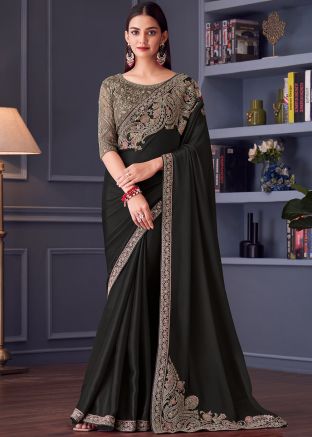 Black Satin Embroidered Saree & Blouse