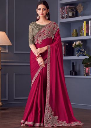 Pink Satin Embroidered Saree With Blouse