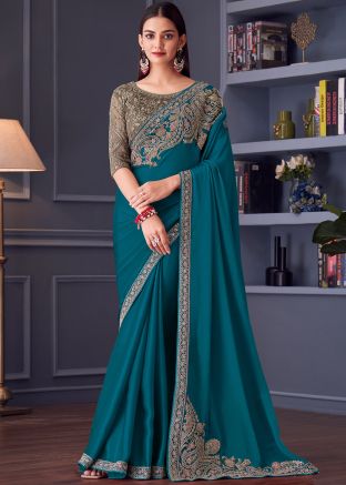 Teal Green Satin Embroidered Saree
