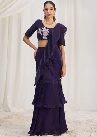 Blue Pre-Stitched Lehenga Style Saree