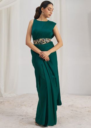 Teal Green Pre-Stitched Saree In Organza