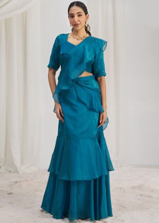 Blue Pre-Stitched Lehenga Style Saree